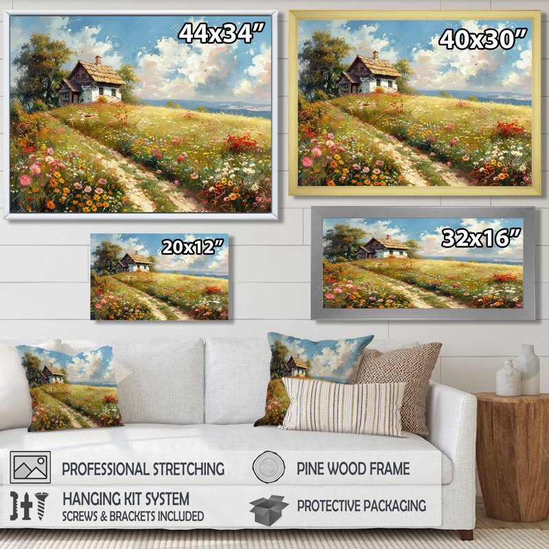 «White Country House In Flower Meadow», impression d'art mural paysage, Toile avec cadre flottant brun