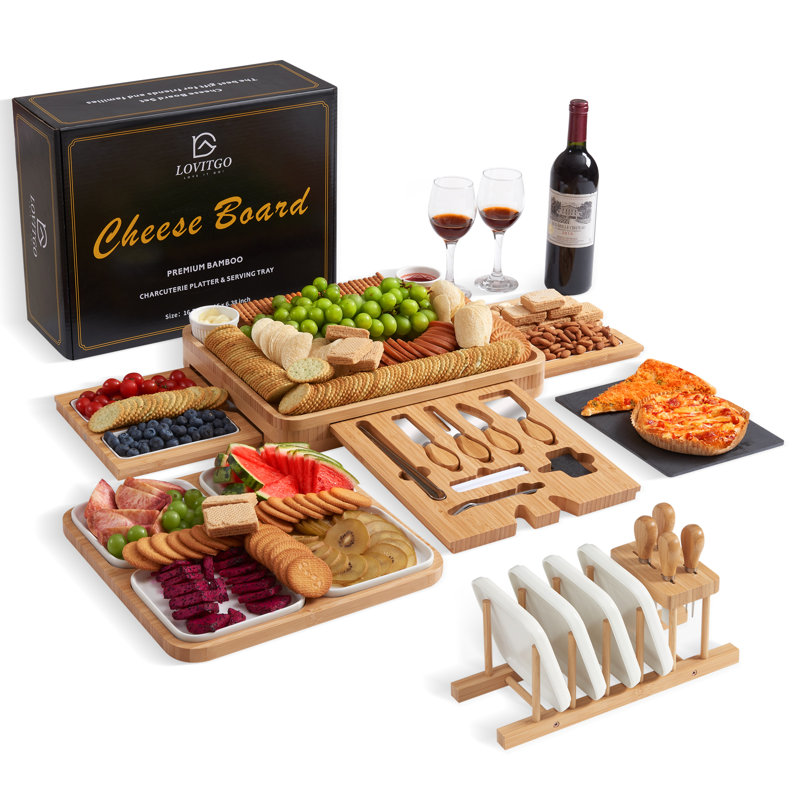 Dakota Fields Charcuterie Board Gift Set, 29 PCS Bamboo Cheese Board Serving Trays With Slate Cheese Board, 8 Ceramic Plate, Unique Newlywed Gifts, Housewarming Gift, Bridal Shower Gift