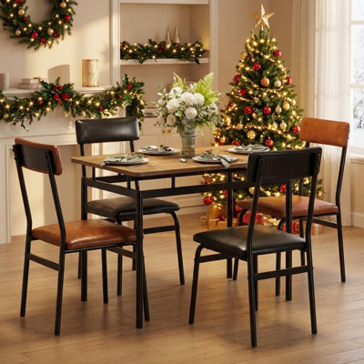Ensemble de table de salle à manger 5 pièces, ensemble de table de cuisine en bois avec 4 chaises rembourrées en polyuréthane, ensemble de coin-repas industriel en métal pour salle à manger, souper à la maison, fête.