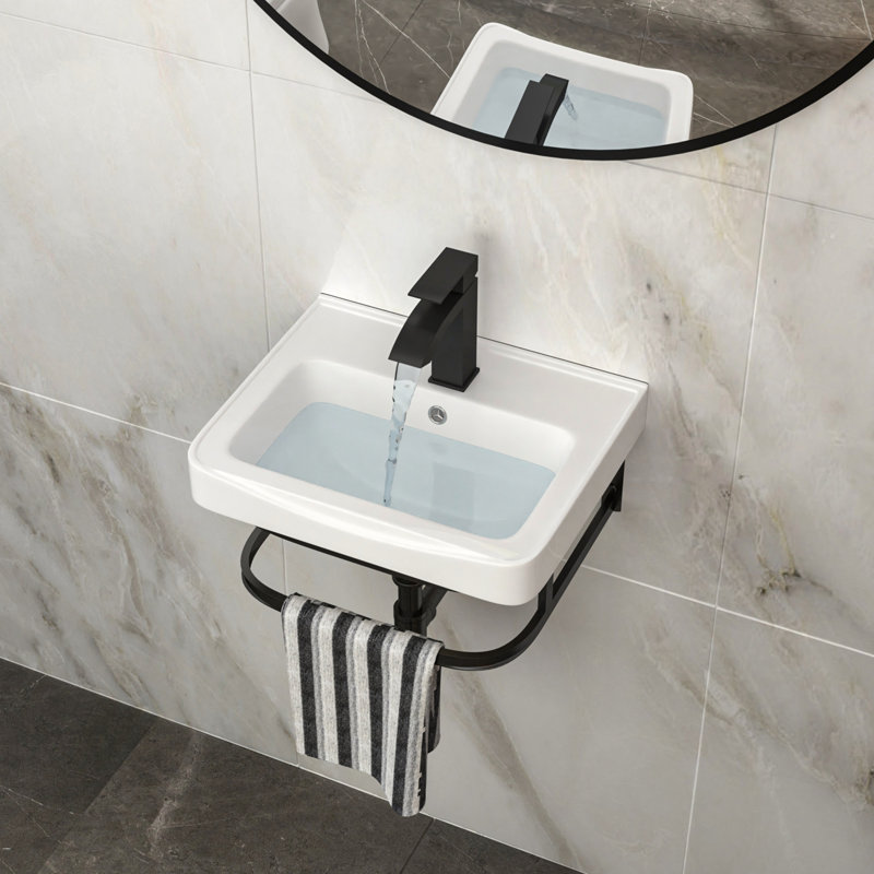 Wall-Mounted Rectangular Ceramic Bathroom Sink with Black Towel Bar & Overflow, Space-Saving and Durable Design