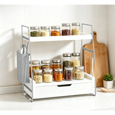 2-Tier Bathroom Counter Organizer with Drawer, Silver Wood Storage Shelf for Makeup, Skincare, Perfume