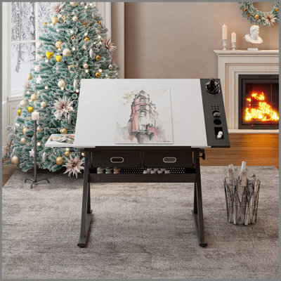 Adjustable Drawing Drafting Table with 2 Drawers and Stool, Perfect for Home Office and School Use in White