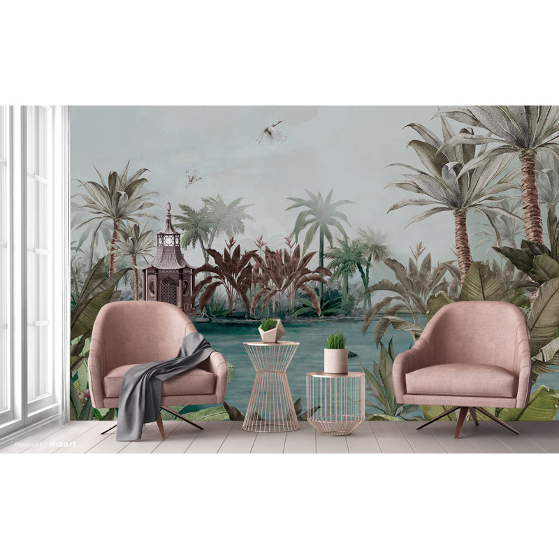 Mur de palmiers tropicaux tranquilles, cygne noir, cygne noir, L 72,96 po x l 81 po, Brun