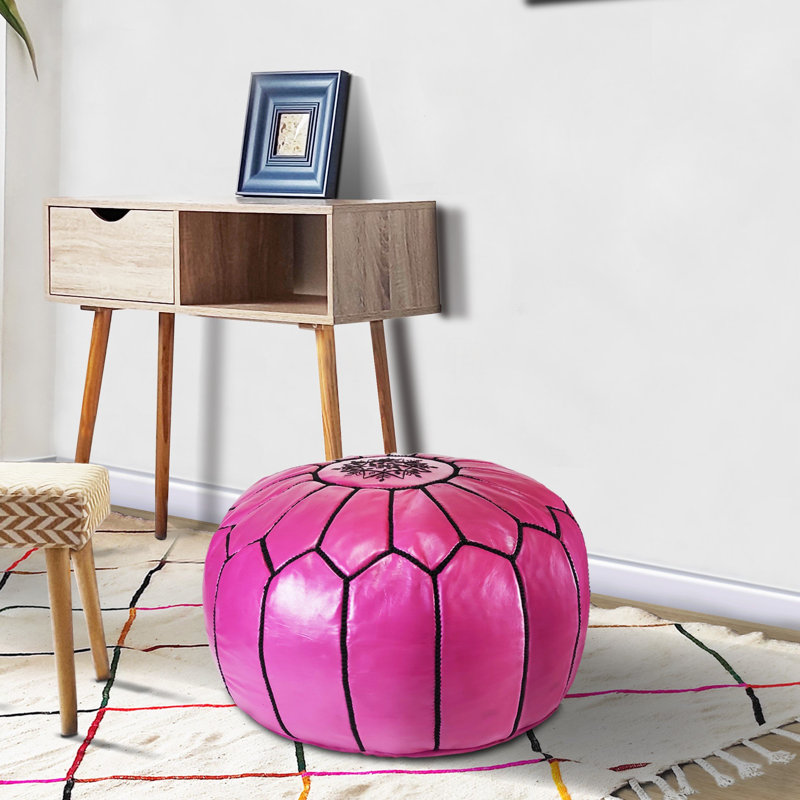 Leather Pouf, Hot Pink/Black Genuine Leather