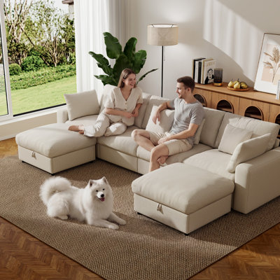 Aarden 140''  Modular Cloud Sectional Sofa 4-Seat with 2 Storage Ottomans