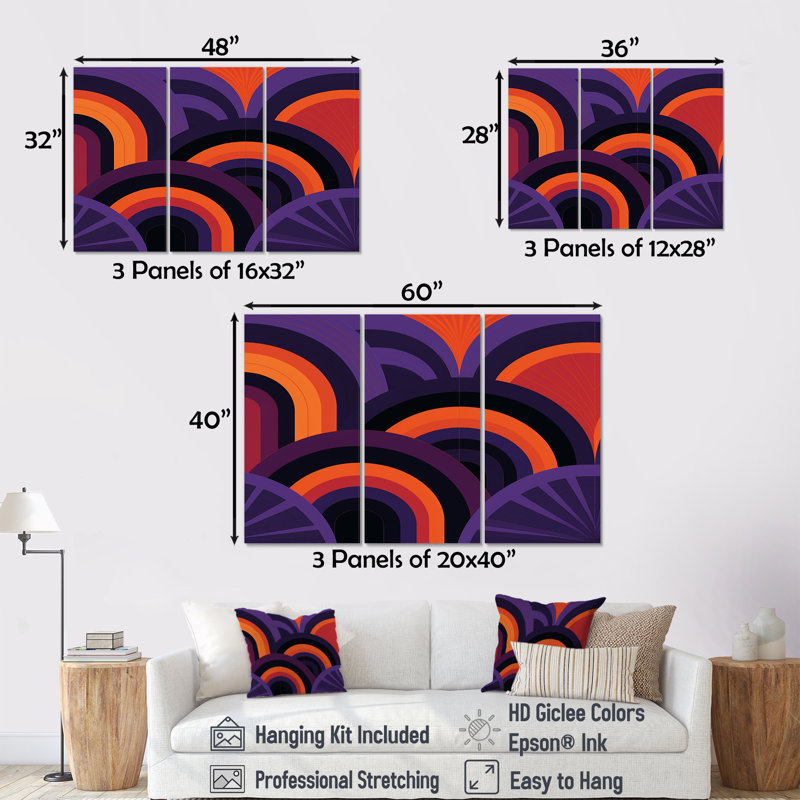 Abstrait vagues rétro mauve orange - ensemble d'art mural abstrait, Toile tendue, H 40 po x l 60 po x P 1 po