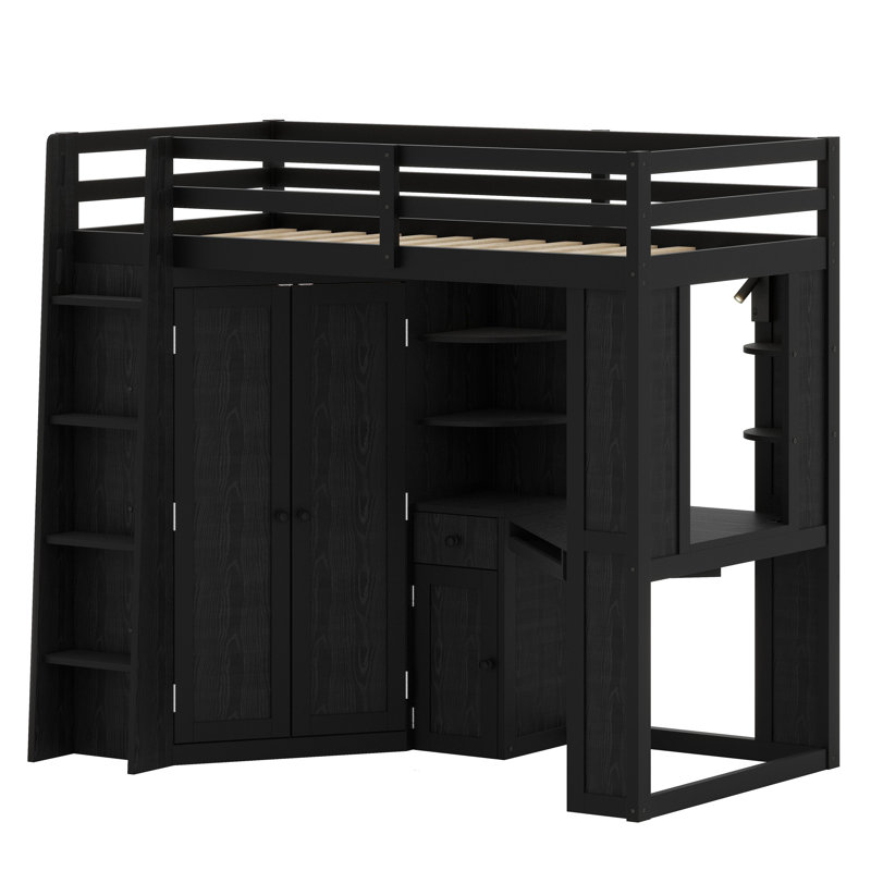 All-in-One High Loft Bed with Integrated Wardrobe, Built-in Desk, Pull-out Keyboard Tray, Charging Hub, and Dual Spotlights