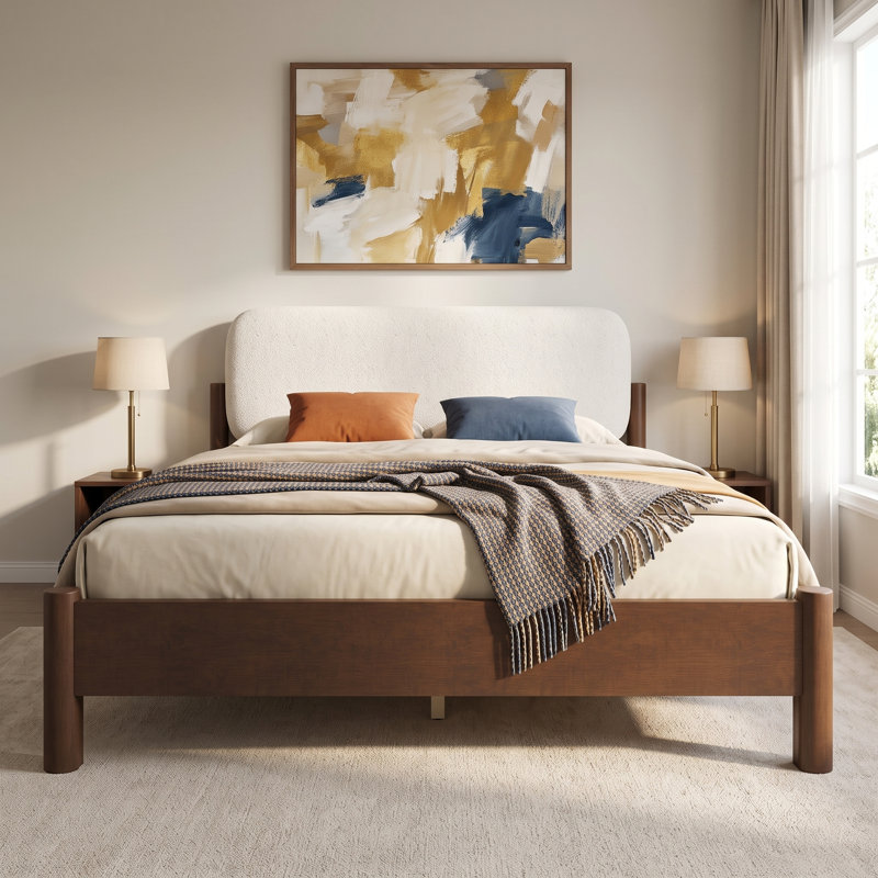 Cadre de lit plateforme Zoren de style moderne du milieu du siècle, en boucle, avec tête de lit arrondie et rembourrée épaisse, pieds en pin massif pour une chambre à l'ambiance feutrée