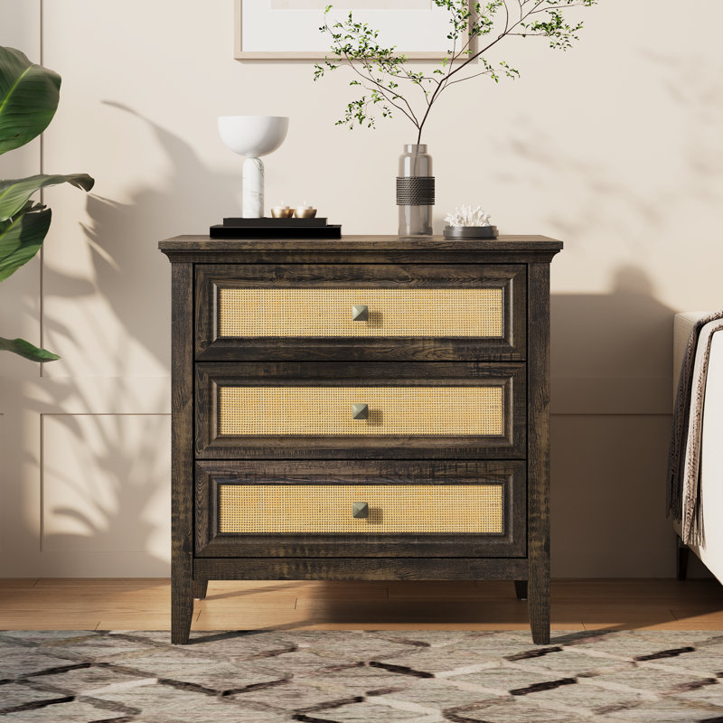 Commode 3 tiroirs déco en rotin naturel, Brun