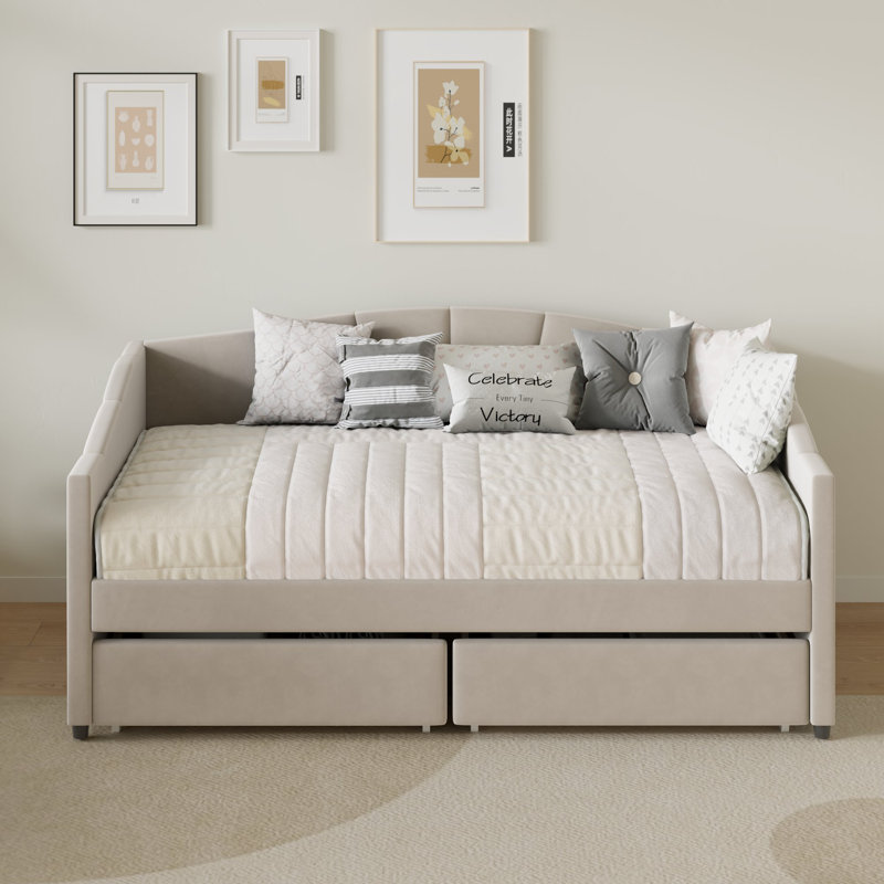 Lit de jour simple en velours avec tiroirs Eliana - Fabrication solide, maximisation de l'espace, Beige
