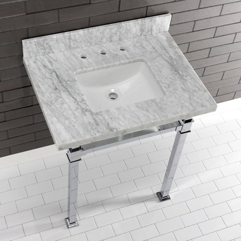 Kingston Brass Monarch 30-Inch Carrara Marble Console Sink with Stainless Steel Legs (8-Inch, 3-Hole)