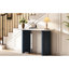 Console de couloir étroite avec plateau ovale en marbre et pieds en bois stables sur fond lisse en faux marbre bleu marine