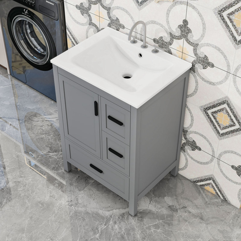Meuble-lavabo de salle de bain avec lavabo en céramique, tiroir divisé et tiroirs de rangement, Gris