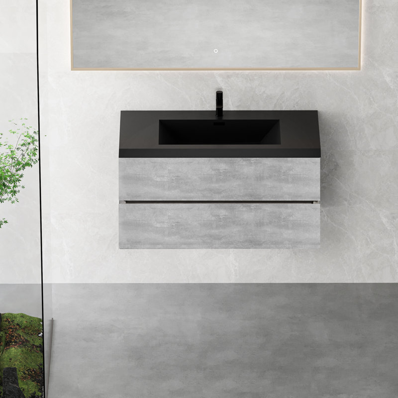 42" Floating Bathroom Vanity With Black Quartz Sand Top Basin Soft Close Drawers Cement Grey Storage Cabinet Modern Minimalist Style Space Sink Quick Assembly Water- Cabinetry And Design