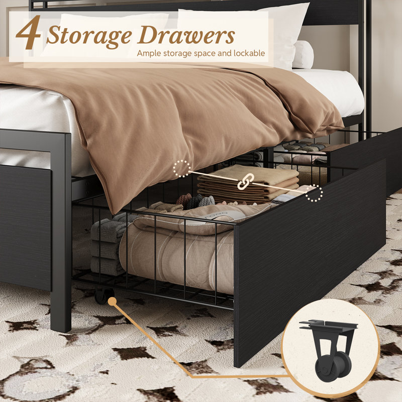 Queen Size Bed Frame With 4 Storage Drawers, RGB LED Lights And Charging Station, All-Metal Support, No Box Spring Needed, Black