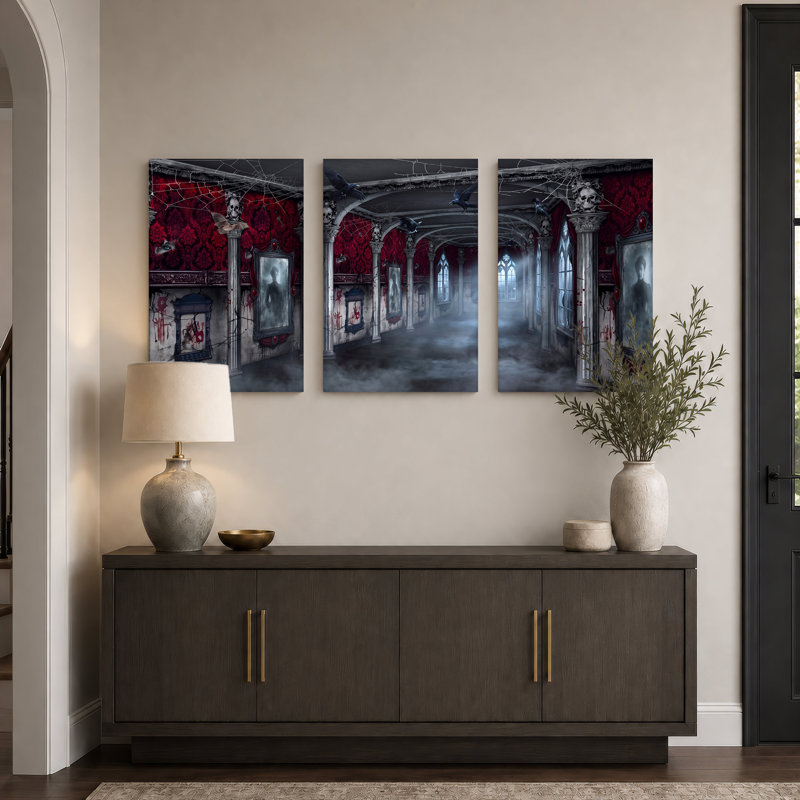 Couloir gothique avec murs damassés rouges et ensemble de 3 toiles murales d'Halloween, 24"H x 16"W x 3pcs