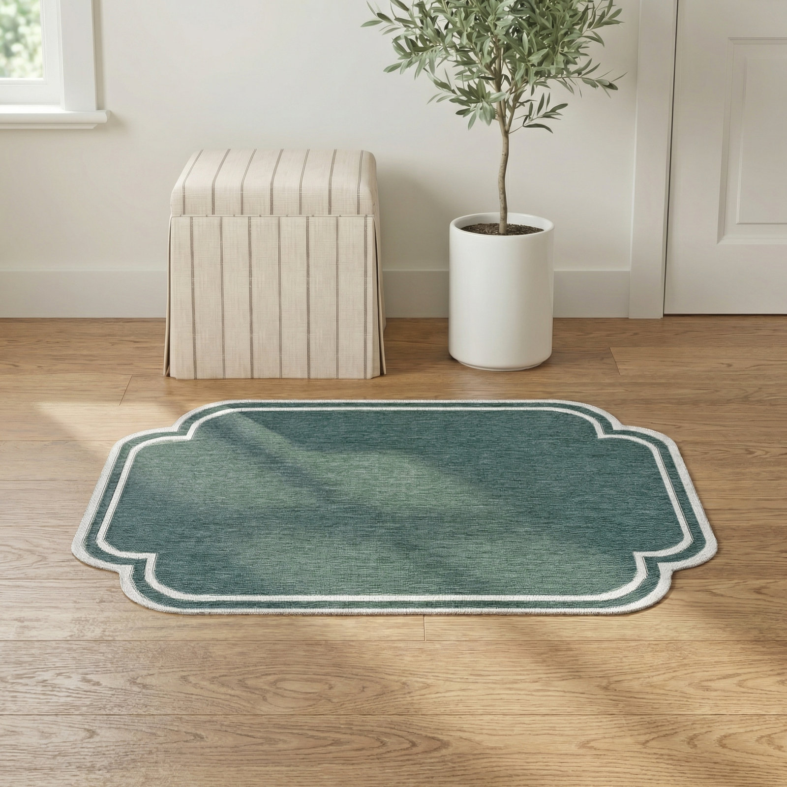 Skiles Striped Outdoor Rug, Rectangle 5'3" x 7', Green/Cream