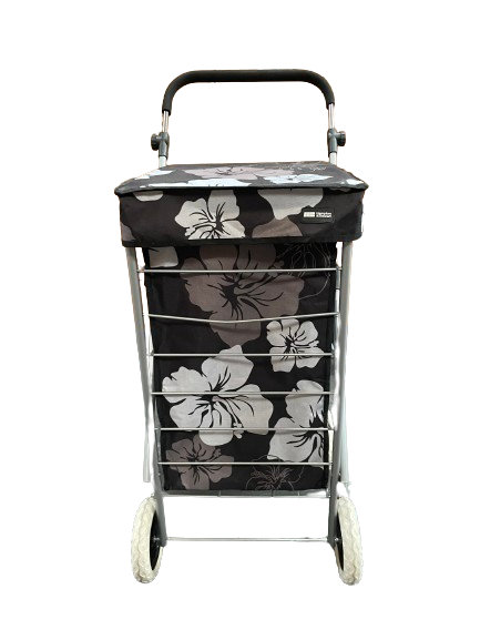 4 WHEEL SHOPPING TROLLEY - BLACK FLOWERS