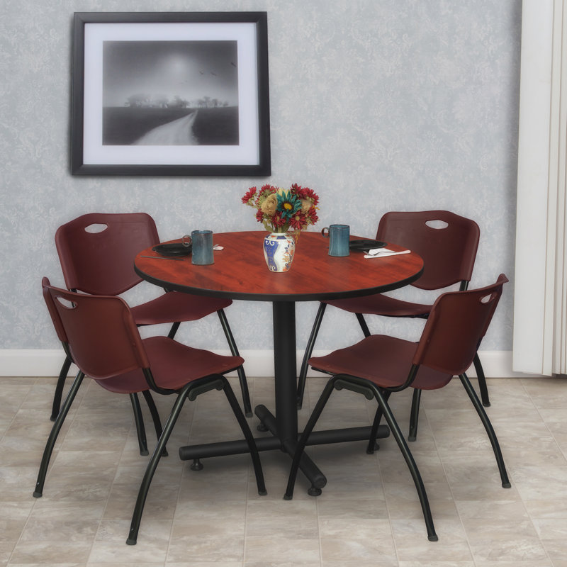 Regency Kobe Round X-Base Breakroom Table, 4 M Stack Chairs, Burgundy, Cherry