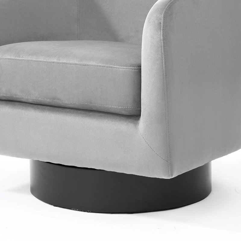 Eugenie Applewold Upholstered Gray Velvet Swivel Barrel Chair with Solid Wood Base, Gray