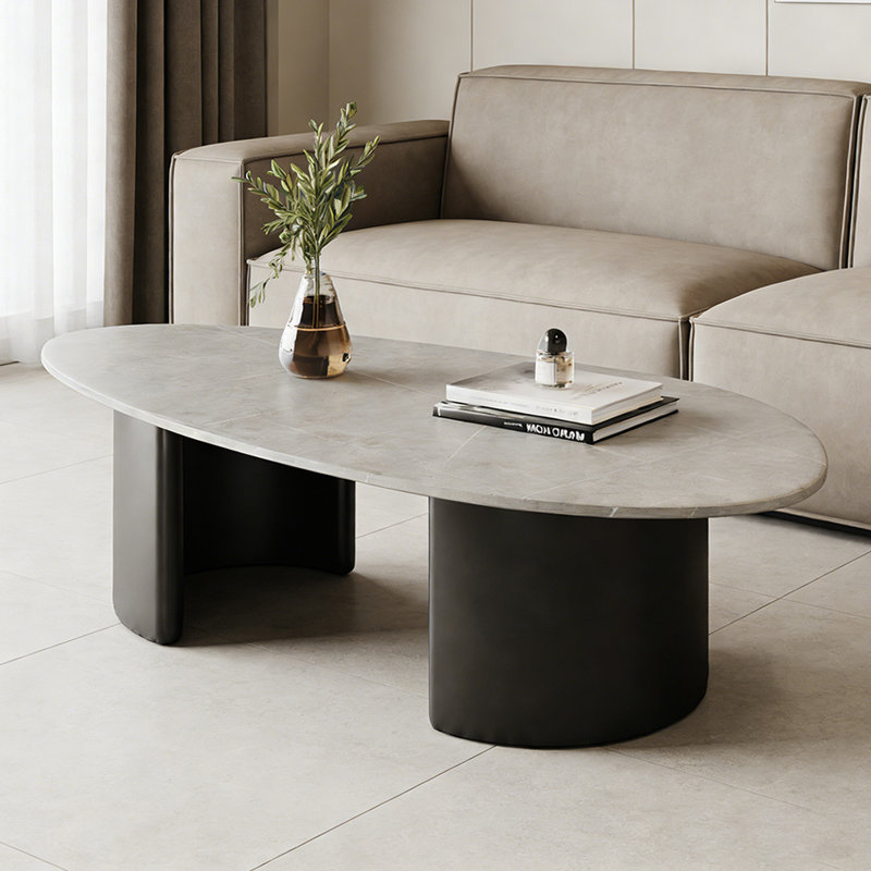 Modern Simplicity Coffee Table with Metal Base, 15.74" H x 55.11" L x 27.55" W, Light Gray, Black