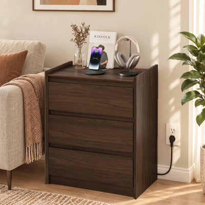Ensemble de 2 tables de chevet modernes à 2 tiroirs avec station de recharge cachée, chêne naturel