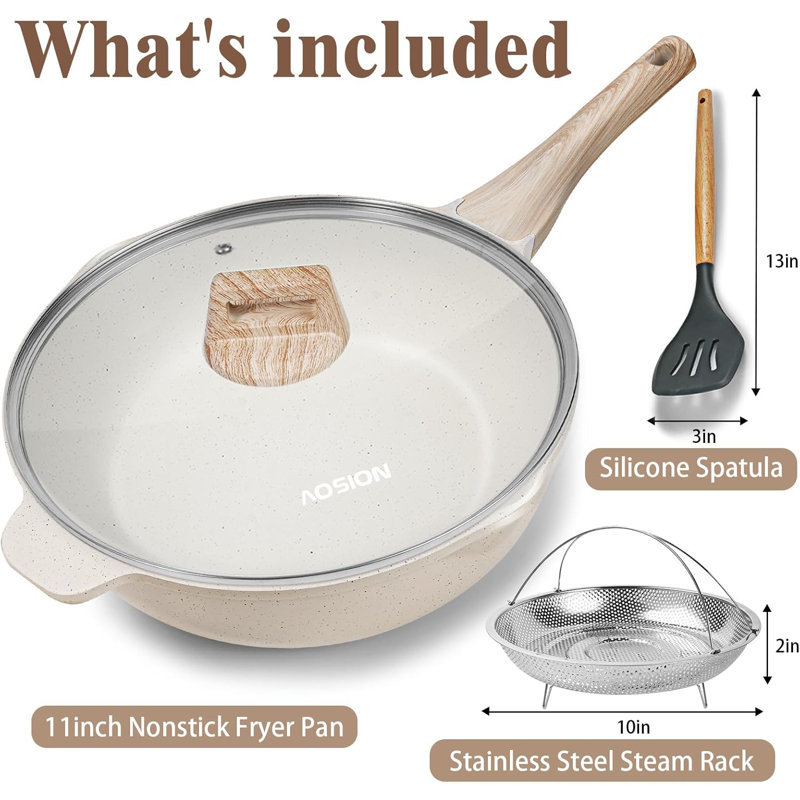 Poêle à frire en céramique antiadhésive de 11 pouces avec couvercle, poêle à sauter de 5 pintes pour la cuisson avec support à vapeur, grande poêle saine, poignée froide, compatible avec l'induction, sans pfoa et sans pfas. (Blanc)