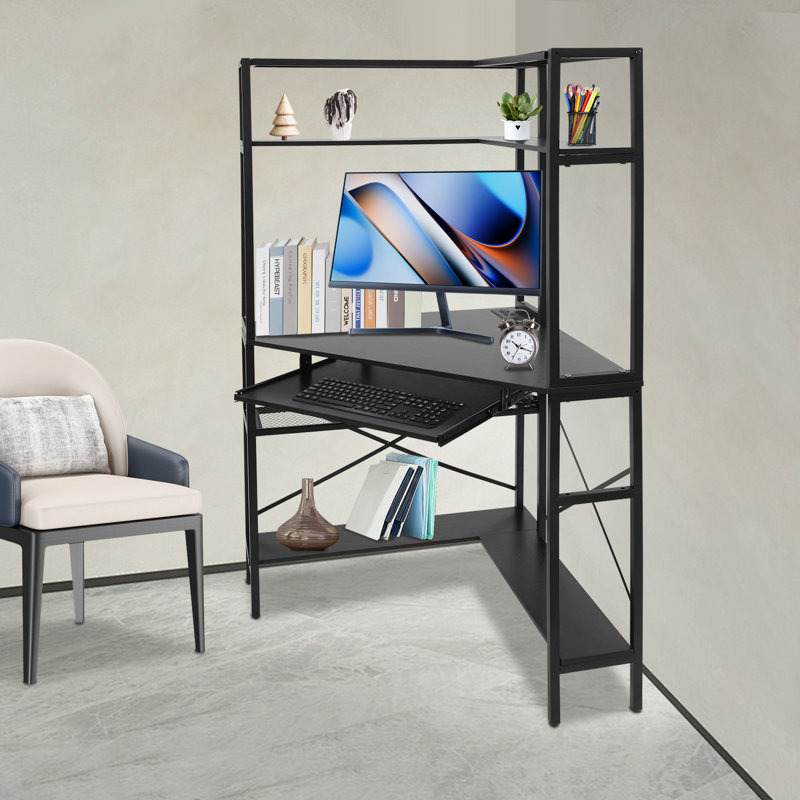 Corner Computer Desk With Power Outlets, Dark Gray/Black