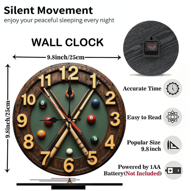 Horloge murale avec boules et queues de billard