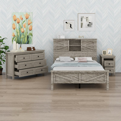 Ensemble de chambre à coucher de style maison de campagne 3 pièces avec lit plateforme, tête de lit, station de charge, table de chevet et commode
