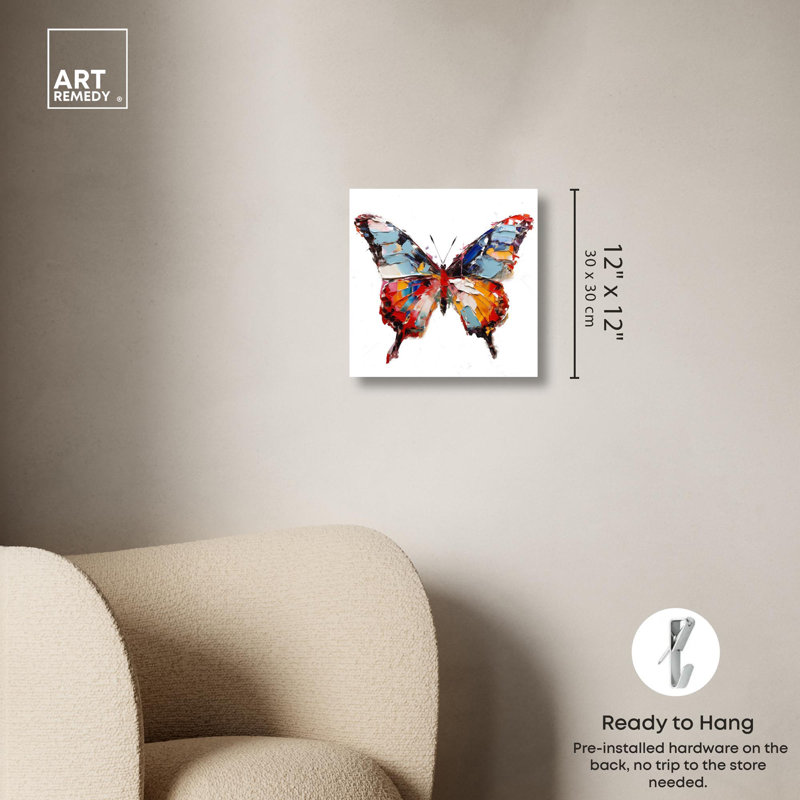 «Soft and Bold Rainbow Butterfly» par Art Remedy, H 12 po x l 12 po, Toile tendue