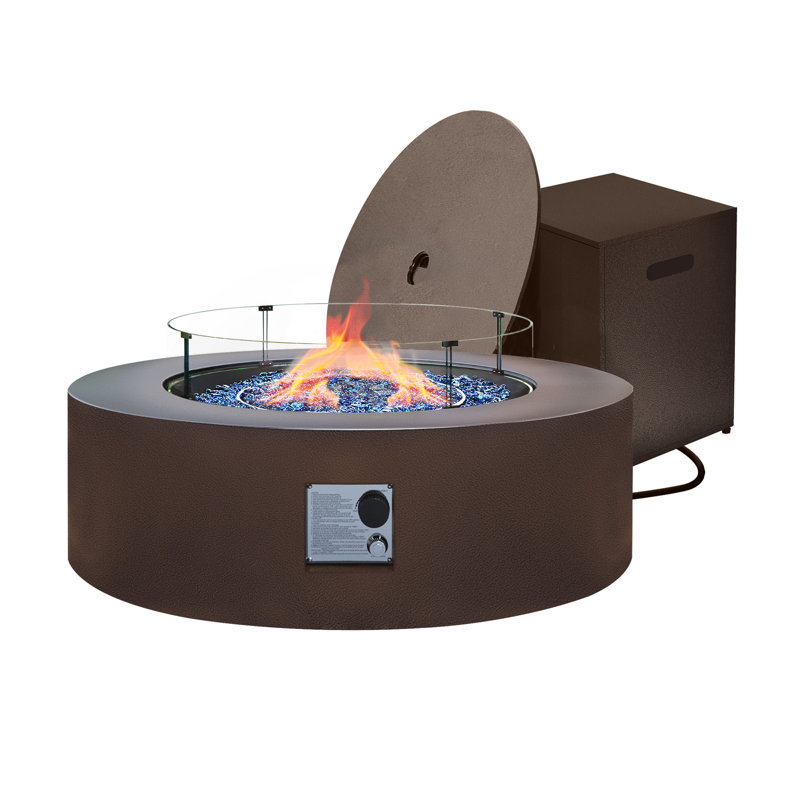  Foyer de table rond 42 po au gaz en fer, avec couvercle de réservoir et pare-vent, Brun