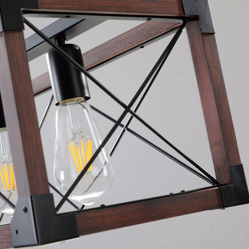 Luminaire suspendu rectangulaire de style industriel en bois rouge 32 po Chandelier - configuration 5 lumières