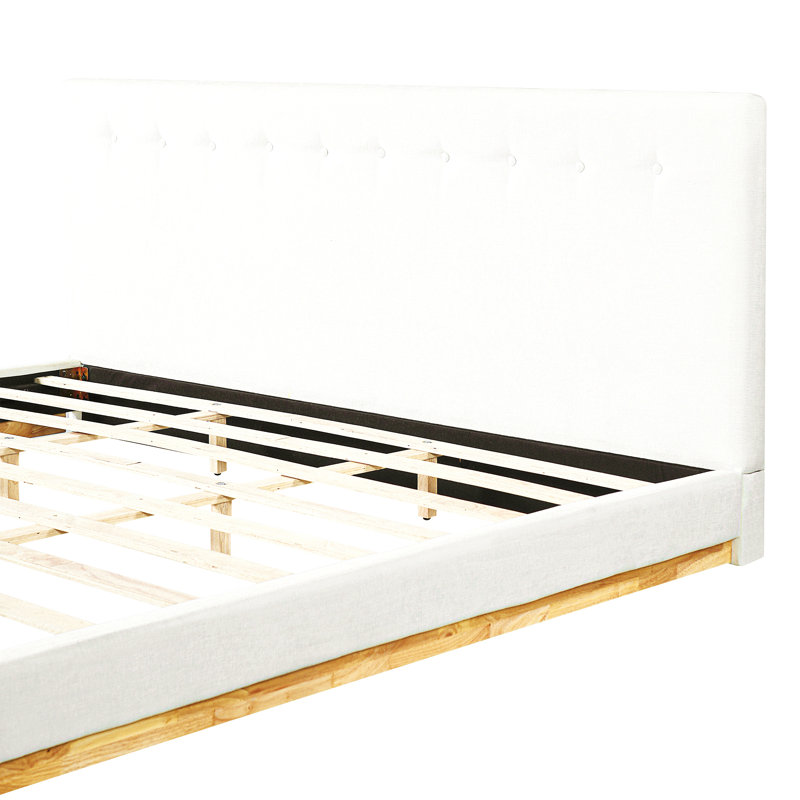 Lit plateforme en bois d'hévéa massif avec tête de lit tapissier, conception moderne capitonnée, support de lattes robuste, silencieux, assemblage facile, blanc, très grand