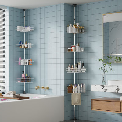 Adjustable Tension Pole Corner Shower Caddy – 4 Rustproof Shelves with Built-in Towel Bars – Space-Saving Bathroom Organizer – Fits 75-110 Inch – Plating Silver