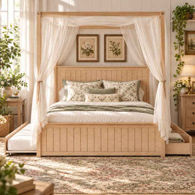 Roddy Queen Size Wood Canopy Bed Frame with Trundle & 3 Storage Drawers, Modern 4-Post Platform Bed with Slat Support