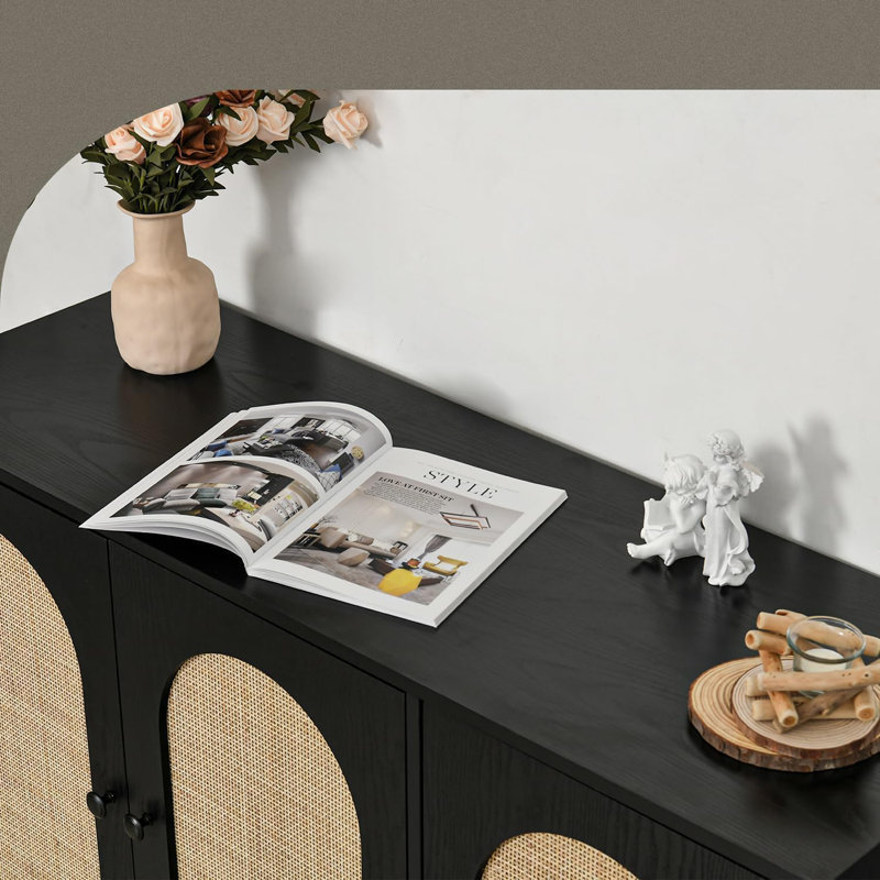 Buffet en rotin noir, armoire à 3 portes en rotin avec rangement, buffet de 47 po avec tablette réglable pour la cuisine et le salon