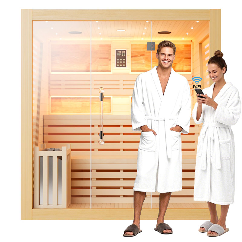 Hylivesaunas 6-Person Western Hemlock Traditional Home Steam Sauna | WiFi & App Control | Harvia 6KW Heater | Chromotherapy & Bluetooth