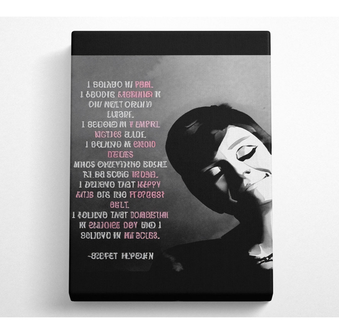 Motivationszitat Audrey Hepburn I Believe In Pink Portrait - Kunstdrucke auf Leinwand