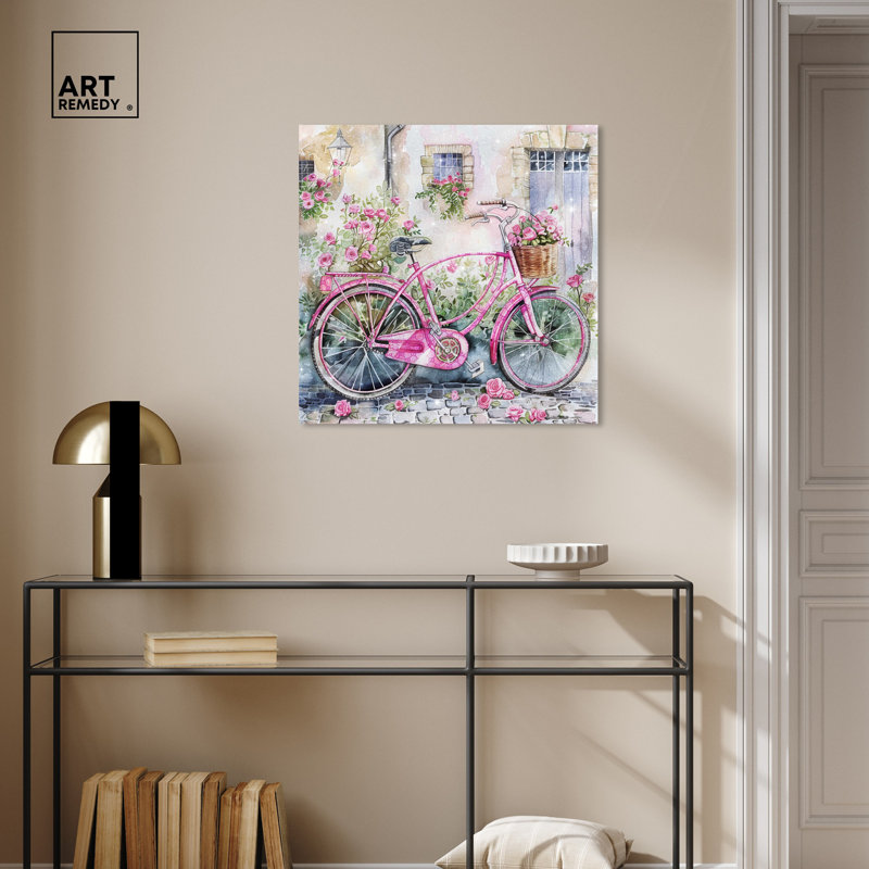 Glam Pink Bicycle with Roses Canvas Wall Art, 24" x 24"