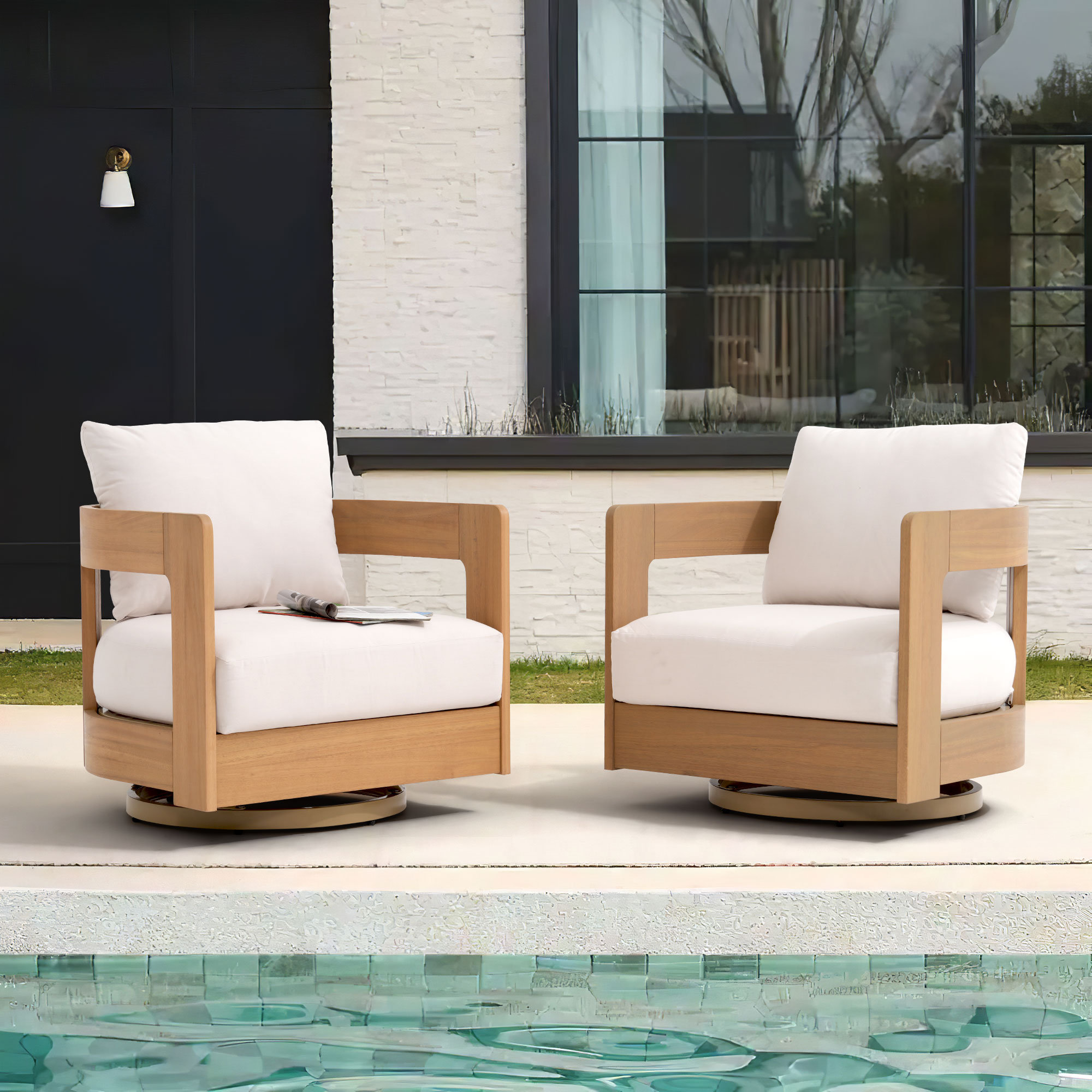 Frances Eucalyptus Outdoor Swivel Chairs (Set of 2), White