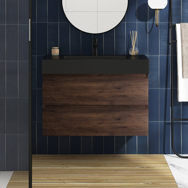 36'' Single Bathroom Vanity with Solid Surface Top, Black, Walnut