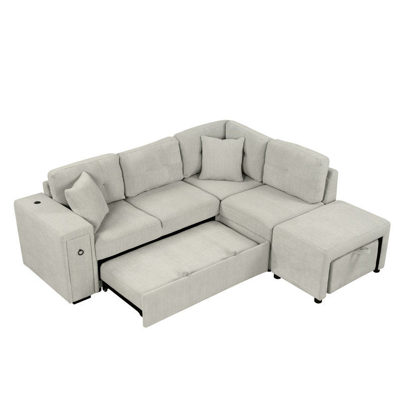 86.6" L-Shaped Sleeper Sofa Bed, Upholstered Sectional with Ottoman and Pillows, Gray Chenille