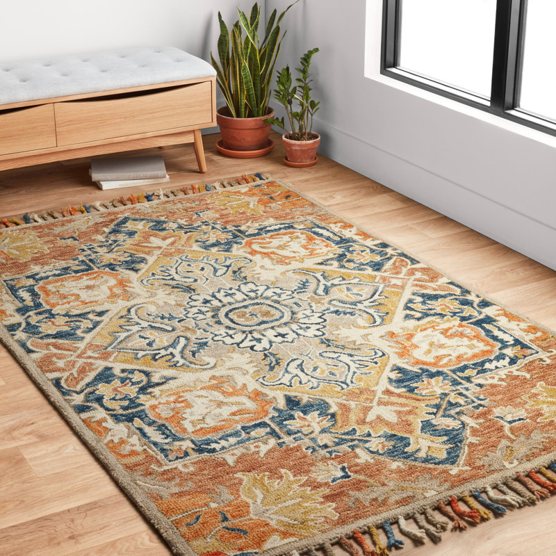 Tapis oriental rouille / bleu en laine Leyna, Rectangle 7 pi 9 po x 9 pi 9 po