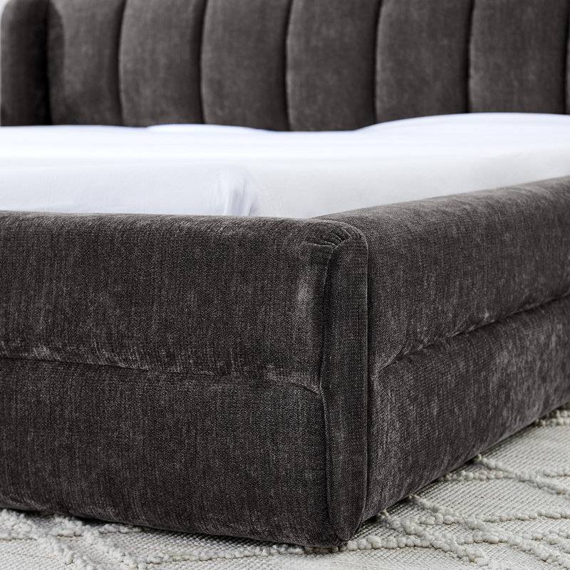Queen Upholstered Bed Frame With Headboard, Thick Chenille Fabric & Solid Frame, Beige, Brown