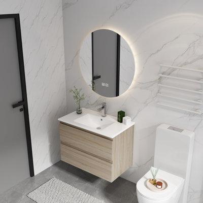 Meuble-lavabo mural en chêne 30 po avec lavabo en céramique et 2 tiroirs à fermeture en douceur - style meuble-lavabo moderne