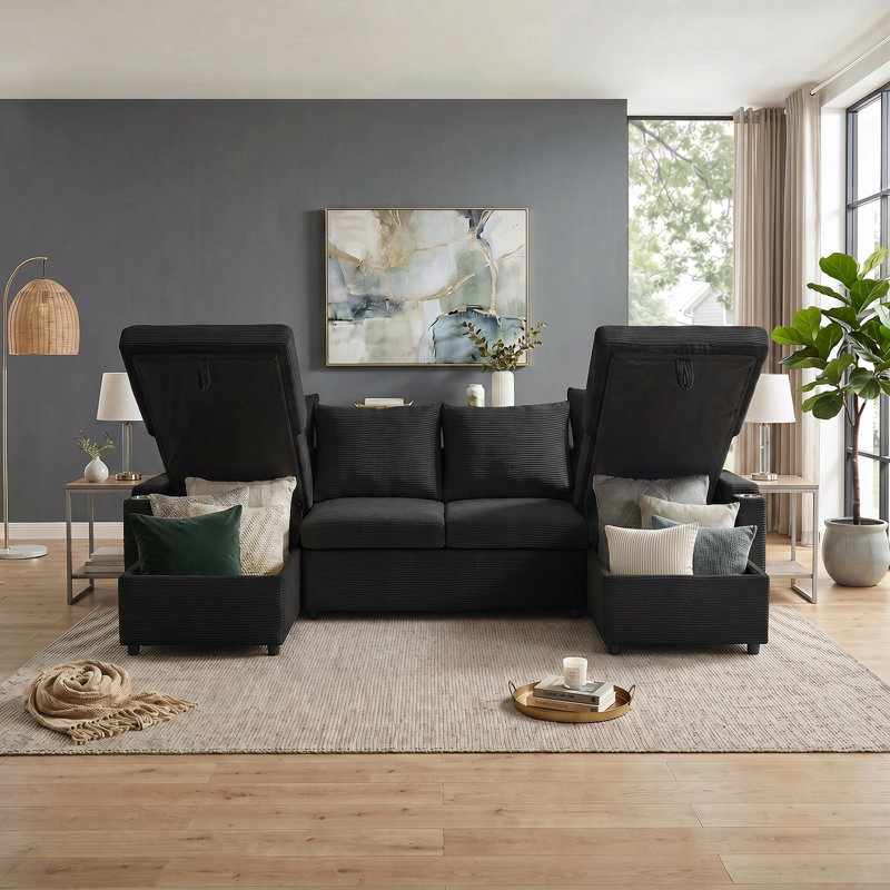 Canapé-lit modulaire en U avec accoudoirs carrés 109,5 po Corduroy, Black Corduroy