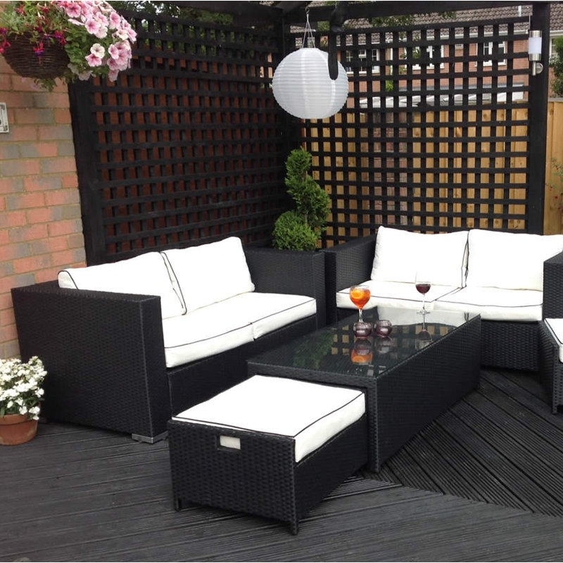 Savannah 6 Seater Rattan Sofa Set with Cushions, Black/Vanilla
