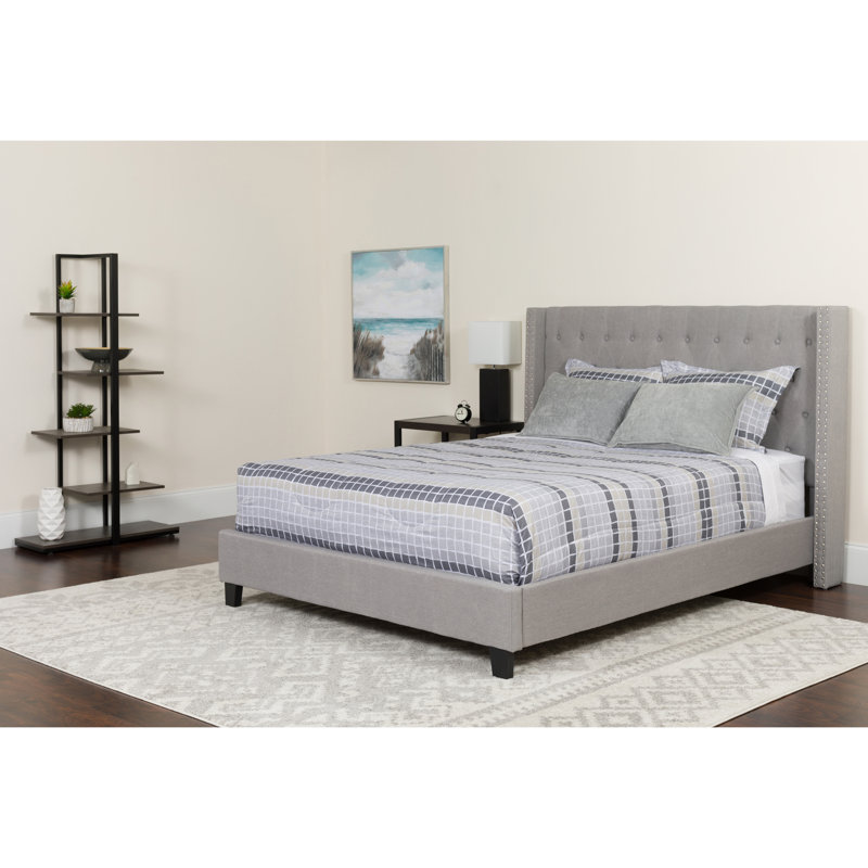 Aluino Tufted Upholstered Platform Bed w/ Accent Nail Trimmed Extended Sides, King, Light Gray
