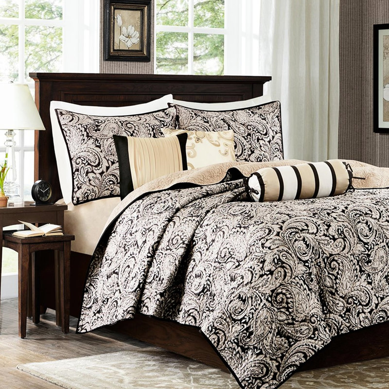 Courtepointe 6 pièces avec coussins décoratifs - double / grand, courtepointe charmante noire, envers en microfibre, rembourrage en coton pour la détente, broderie décorative, attrait intrigant lavable à la machine, coussins brodés,
